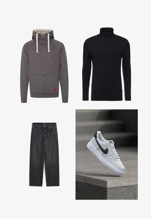 Hallideee zip-up hupit, millel on narmad nööbid, kenguru taskud ja ribaga varrukad. Ees on väike bränditud nahktag.; Must have mustakate pikkade varrukatega turtleneck särk, mis on valmistatud pehmest ja venivast kangast. Omab pitsitud disaini ja sujuvat tekstuuri. Pole nähtavaid mustreid ega aktsente.; Mustad sirged teksapüksid viie taskuga, nööpidega kinnitusega ja õrna pleekimisega esikäppadel.; Valge Nike Air Force 1 toss musta Swoosh logo jaotuses, hõljub betoonserva kohal, kus taustal on hägused trepid.