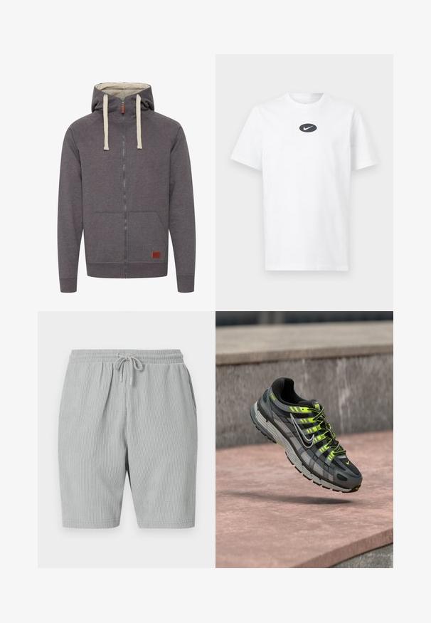 Grijze ritshoodie met een trekkoordcapuchon, kangoeroezakken en geribde manchetten. Heeft een klein leren merkteken aan de voorkant.; Wit T-shirt met korte mouwen en ronde hals, met een zwarte ovale vorm en een witte Nike-swoosh in het midden van de borst.; Lichtgrijze ribstof shorts met een tailleband met trekkoord en zijzakken, knielengte, casual stijl.; Zwarte en grijze Nike P-6000 sneaker met neongele accenten en veters, zwevend boven een roze betonnen oppervlak.