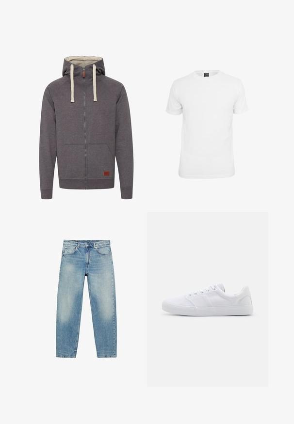Hoodie zippé gris avec capuche à cordon, poches kangourou et poignets côtelés. Présente une petite étiquette en cuir de marque à l'avant.; T-shirt blanche à manches courtes, en coton, avec un col rond et une texture lisse, conçue pour un usage décontracté.; Jean droit en denim bleu avec poches avant et passants de ceinture, présentant des détails légèrement décolorés sur les cuisses et les genoux.; Baskets en toile blanches avec une semelle en caoutchouc, dotées de six œillets, d'un embout texturé et d'un design minimaliste.