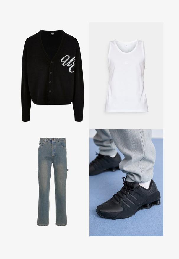 Schwarze Strickjacke mit V-Ausschnitt, Knopfverschluss und gerippten Bündchen. Bestickte weiße Schriftzüge auf der linken Seite, cropped Fit.; Weißes Baumwoll-Tanktop mit rundem Ausschnitt, ärmellosem Design und kleinem, tonal gehaltenem Nike-Logo auf der Vorderseite. Glatte Textur.; Hellblaue Denim-Jeans im Straight-Leg-Schnitt mit einer ausgewaschenen Optik, fünf Taschen und seitlichen Schlaufen für zusätzliche Funktionalität.; Person in schwarzen Nike Shox Sneakers und grauen Jogginghosen, der auf einem hellblauen Teppich steht.
