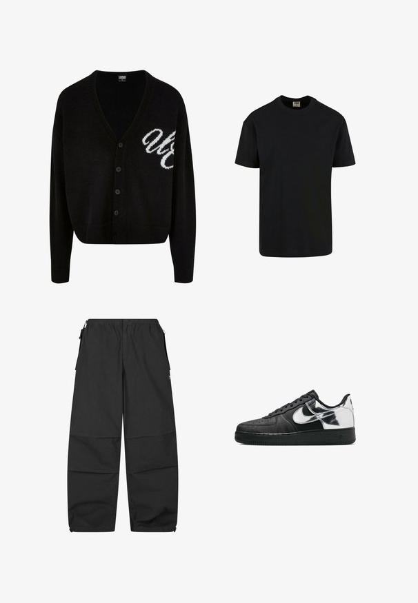 Čierny pletený cardigan s dizajnom do V, zapínaním na gombíky a rebrovanými manžetami. Vyšitý biely text na ľavej strane, skrátený strih.; Urban Classics SHORTSLEEVE - Základné tričko - black; Čierne bavlnené nohavice s elastickým pásom, dvoma bočnými vreckami a voľným strihom. Obsahujú švy a minimálny dizajn.; Čierna nízka teniska s metalicky strieborným opätkom a bočným panelom, bielym logom Nike a čiernou gumovou podrážkou.