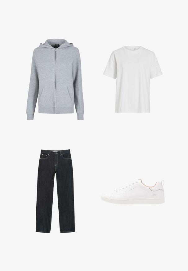 Grå zip-up hættetrøje lavet af blødt, tekstureret stof. Har en hætte med snoretræk og to forlommer. Mansjetter og kant er ribbede.; Hvid kortærmet t-shirt med rund hals og en afslappet pasform samt synligt mærke indeni kraven.; Mørkeblå jeans med lige ben, fem lommer, knaplukning og kontrastsyning på hvid baggrund.; Hvide lædersneakers med rund tå, seks snørehuller, perforerede detaljer, subtile plastdetaljer og en struktureret gummisål.