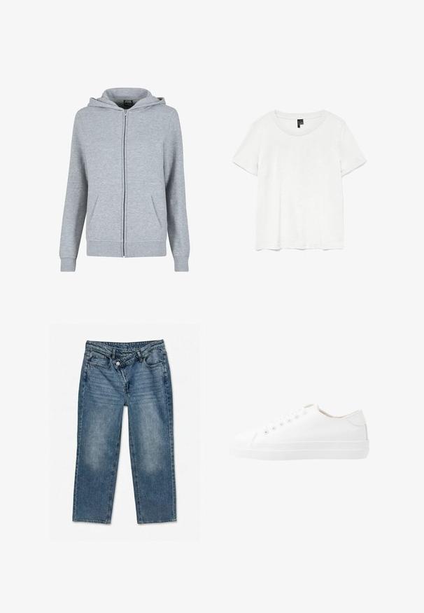 Grijze zip-up hoodie van zacht, textuurstof. Beschikt over een capuchon met trekkoord en twee voorzakken. De manchetten en de zoom zijn geribbeld.; Witte t-shirt met korte mouwen en een ronde hals, gemaakt van lichte stof. Eenvoudig ontwerp, gladde textuur en rechte zoom.; Blauwe spijkerbroek met hoge taille, knoop- en ritsluiting en voorzakken, plat gelegd op een witte achtergrond.; Witte canvas sneakers met een laag ontwerp, ronde neus, zes veteropeningen en een gestructureerde rubberen zool. Gladde materialen met minimale accenten.
