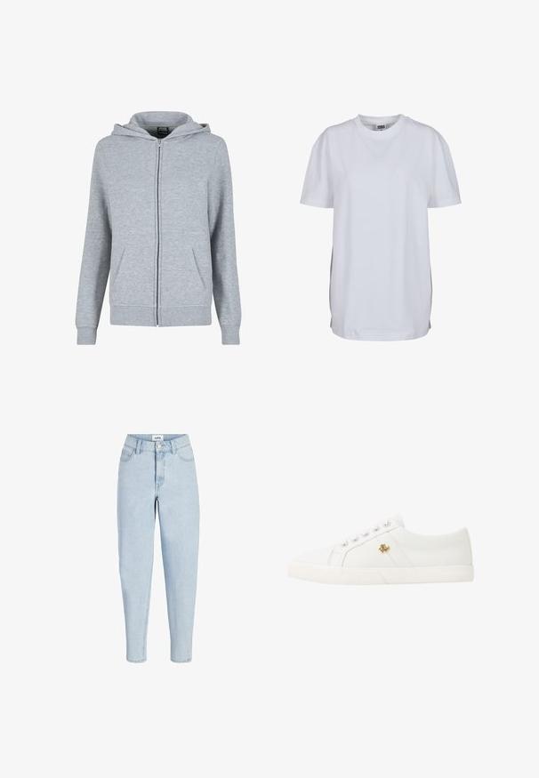 Hoodie zippé gris en tissu doux et texturé. Il dispose d'une capuche avec cordon de serrage et de deux poches avant. Les poignets et l'ourlet sont côtelés.; T-shirt blanc uni à manches courtes avec col rond, ourlet droit et petite étiquette de marque visible à l'intérieur du col.; Jean taille haute bleu clair avec bouton et fermeture éclair à l'avant, style cinq poches et jambes fuselées.; Lauren Ralph Lauren JANSON II CANVAS SNEAKER - Baskets basses - optic white