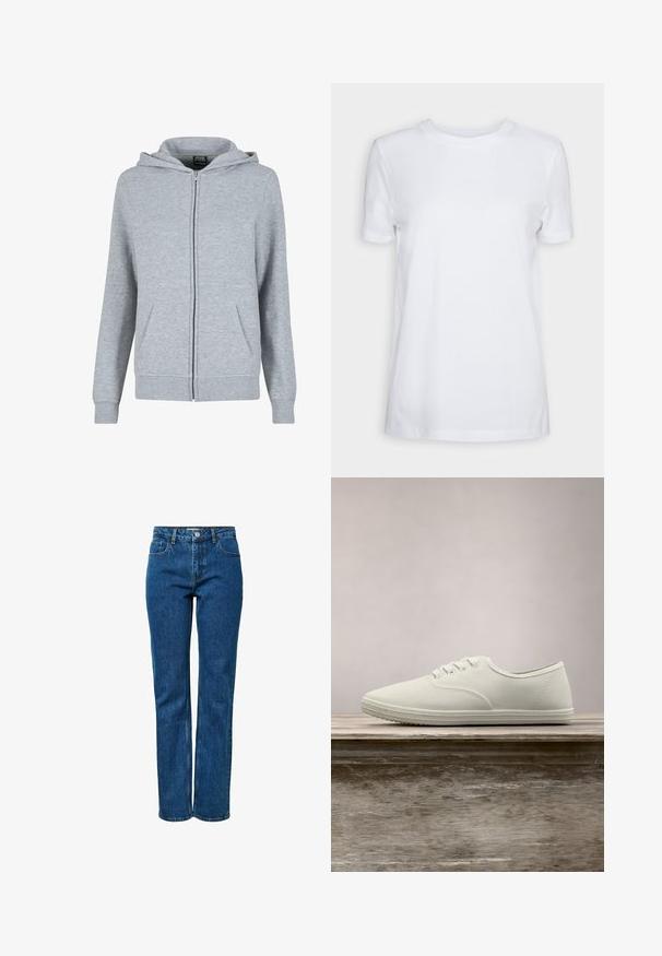 Grijze zip-up hoodie van zacht, textuurstof. Beschikt over een capuchon met trekkoord en twee voorzakken. De manchetten en de zoom zijn geribbeld.; Effen wit T-shirt met korte mouwen en ronde hals, normale pasvorm en een klein label aan de binnenkant van de hals met de tekst "SELECTED FEMME."; Blauwe jeans met rechte pijpen, vijf zakken, een knoop- en ritssluiting en riemlussen. De jeans staan rechtop op een effen witte achtergrond.; Witte canvas sneakers met een ronde neus, zes veterogen en een gestructureerde rubberen zool, zwevend boven een houten oppervlak met groene gras op de achtergrond.