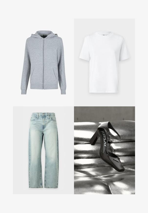 Grå zip-up hættetrøje lavet af blødt, tekstureret stof. Har en hætte med snoretræk og to forlommer. Mansjetter og kant er ribbede.; Hvid bomulds T-shirt med rund hals, kortærmet og en glat tekstur. Designet med en afslappet pasform for komfort og alsidighed.; Lyseblå jeans med vide ben, forlommer, bæltestropper og knaplukning, vist mod en hvid baggrund.; Sort læder højhælet sko med ankelrem og "REPLAY" mærke, vist på en skinnende, metallisk sølv tuftet overflade.