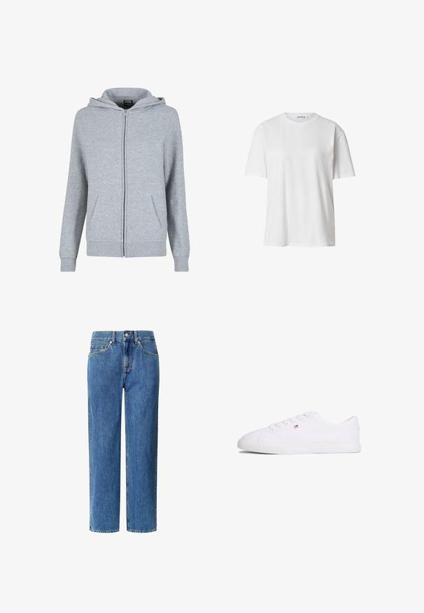 Grijze zip-up hoodie van zacht, textuurstof. Beschikt over een capuchon met trekkoord en twee voorzakken. De manchetten en de zoom zijn geribbeld.; Witte katoenen T-shirt met een ronde hals, korte mouwen en een losse pasvorm. Eenvoudig ontwerp zonder zichtbare patronen of accenten.; Pepe Jeans W11 BOYFRIEND J LW - Straight leg jeans - oz blue rigid denim; Witte lage sneaker met vetersluiting en een klein rood-wit-blauw logo aan de zijkant, platte rubberen zool.