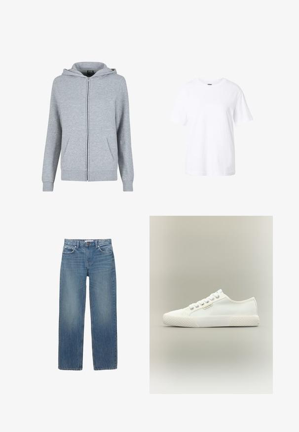 Grijze zip-up hoodie van zacht, textuurstof. Beschikt over een capuchon met trekkoord en twee voorzakken. De manchetten en de zoom zijn geribbeld.; Effen witte T-shirt met korte mouwen en een ronde hals, een losse pasvorm en een klein label aan de binnenkant van de kraag.; Lichtblauwe denim jeans met een rechte snit, vijf zakken en koperen hardware. De stof heeft een lichte vervaging en een gladde textuur.; Witte lage canvas sneaker met een getextureerde rubberen zool, witte veters en een klein Calvin Klein-label aan de zijkant.
