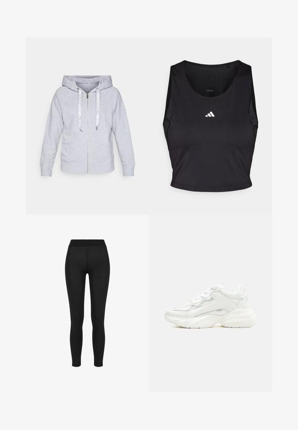 Hoodie zippé gris clair en matériau doux, avec une capuche à cordon de serrage, des poignets côtelés et un devant zippé. Marque DKNV sur les cordons de serrage.; Crop top de sport noir en tissu évacuant l'humidité, avec un col rond, sans manches, et logo blanc sur la poitrine.; Leggings noirs en tissu lisse, avec une taille haute, une coupe moulante et sans coutures visibles, adaptés pour un usage décontracté ou actif.; Baskets blanches épaisses avec semelle épaisse, fermeture à lacets sur le devant et cuir synthétique lisse avec des détails subtils de couture.