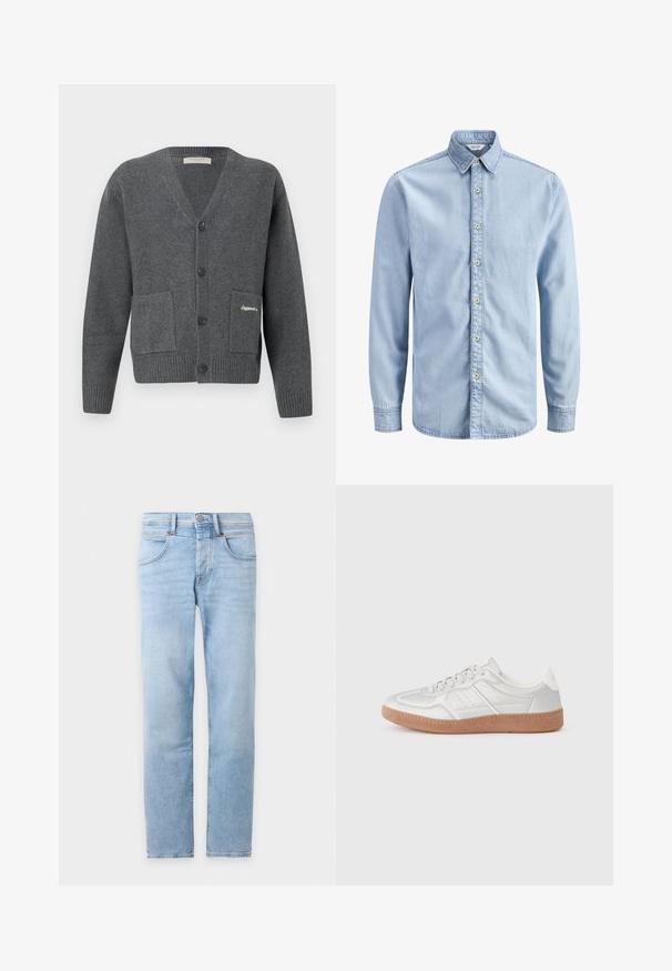 Grijze cardigan van gebreide stof, met een V-hals, zes knopen, twee voorzakken en geribbelde boorden en zoom.; Lichtblauw denim shirt met lange mouwen, een button-down kraag en een rij van zeven beige knopen aan de voorkant.; Lichtblauwe rechtvallende spijkerbroek met voorzakken, riemlussen en een knoopsluiting op een witte achtergrond.; Zilveren sneakers met een gladde textuur, vetersluiting, geperforeerde accenten en een gestructureerde bruine rubberen zool.