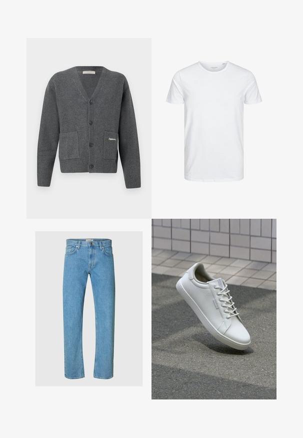 Γκρίζο cardigan από πλεκτό ύφασμα, με V-λαιμό, έξι κουμπιά, δύο μπροστινές τσέπες και ριμπ μανσέτες και στρίφωμα.; Μπλούζα κοντομάνικη με στρογγυλή λαιμόκοψη σε λευκό χρώμα, φτιαγμένη από απαλό βαμβάκι, διαθέτει απλό σχέδιο χωρίς ορατά μοτίβα ή διακοσμητικά.; Ανοιχτό μπλε τζιν παντελόνι με ίσια γραμμή, πέντε τσέπες και κλείσιμο με φερμουάρ και μεταλλικό κουμπί.; Λευκό αθλητικό παπούτσι από υφή δέρματος, με κορδόνια στην μπροστινή πλευρά, ανθεκτική ελαστική σόλα και μινιμαλιστικό σχέδιο με ενισχυμένη μύτη.