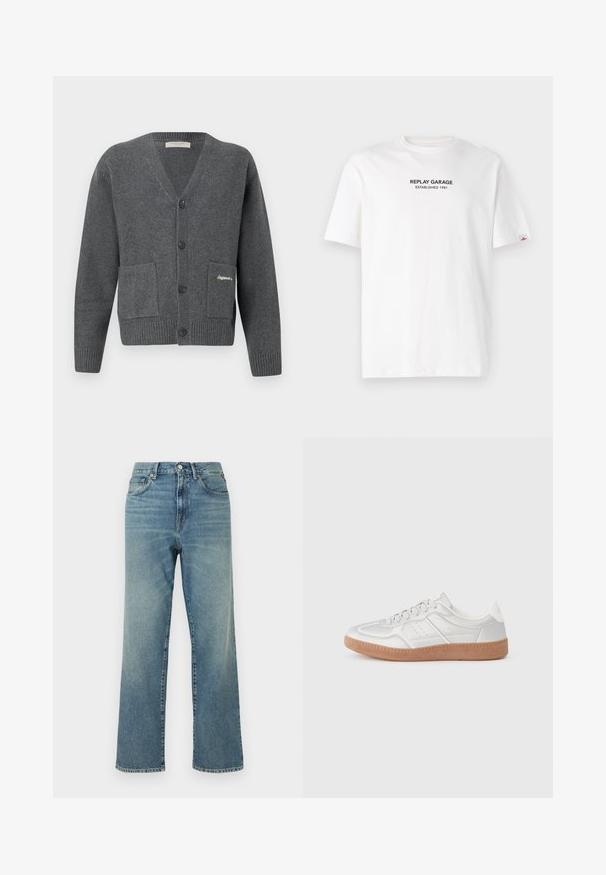 Grå cardigan lavet af strikket stof, med V-hals, seks knapper, to forlommer og ribstrik på ærmekanterne og kanten.; Hvid bomulds T-shirt med korte ærmer, prydet med et sort trykt logo, der står "REPLAY GARAGE ETABLERT 1981" på forsiden.; Blå jeans med høj talje, lige ben, frontlukning med knapper, bæltestropper og design med fem lommer.; Sølv sneakers med en glat overflade, snørebånd, perforerede detaljer og en struktureret brun gummi sål.
