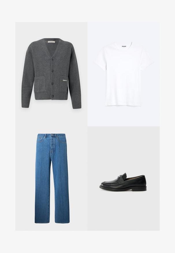 Cardigan gris en tissu tricoté, avec un col en V, six boutons, deux poches avant et des poignets et un ourlet côtelés.; T-shirt blanc uni à manches courtes et col rond avec une étiquette de la marque WEEKDAY visible au niveau du col, présenté sur un fond clair.; Jean en denim bleu clair avec une coupe droite. Comprend cinq poches, une fermeture à bouton et des détails de couture minimaux.; Mocassins en cuir noir avec une finition lisse, dotés d'une bande supérieure texturée, d'un talon bas et de détails de couture minimalistes.