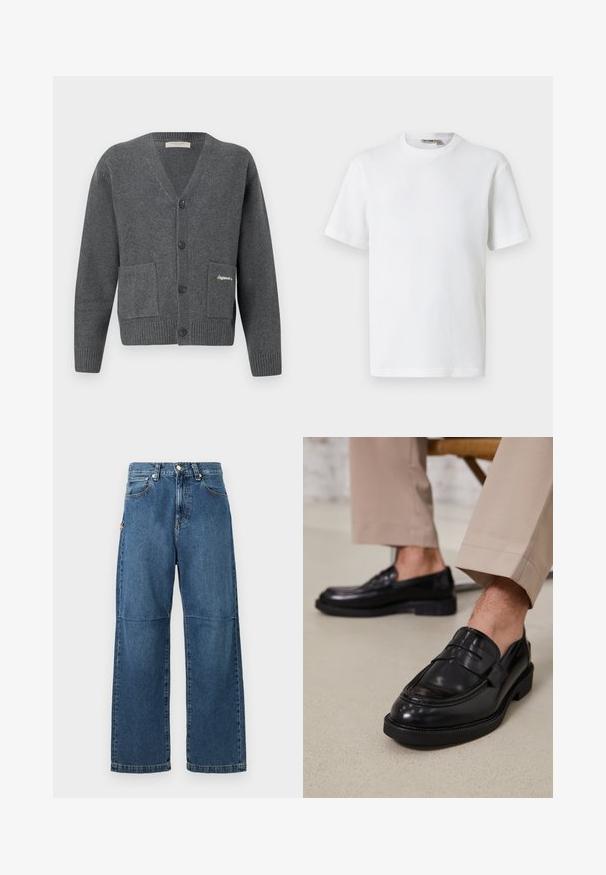 Grijze cardigan van gebreide stof, met een V-hals, zes knopen, twee voorzakken en geribbelde boorden en zoom.; Wit T-shirt met korte mouwen, wafelstructuur en ronde hals, met een klein merkembleem aan de binnenkant van de kraag, afgebeeld op een effen achtergrond.; Blauwe denim jeans met een relaxte pasvorm, rechte pijpen, zichtbare stiksels en een sluiting met een voorste knop. Heeft een zijzak met een accent.; Zwarte leren loafers met een gladde afwerking, voorzien van een decoratieve band en contrasterende stiksels, gecombineerd met beige broeken.
