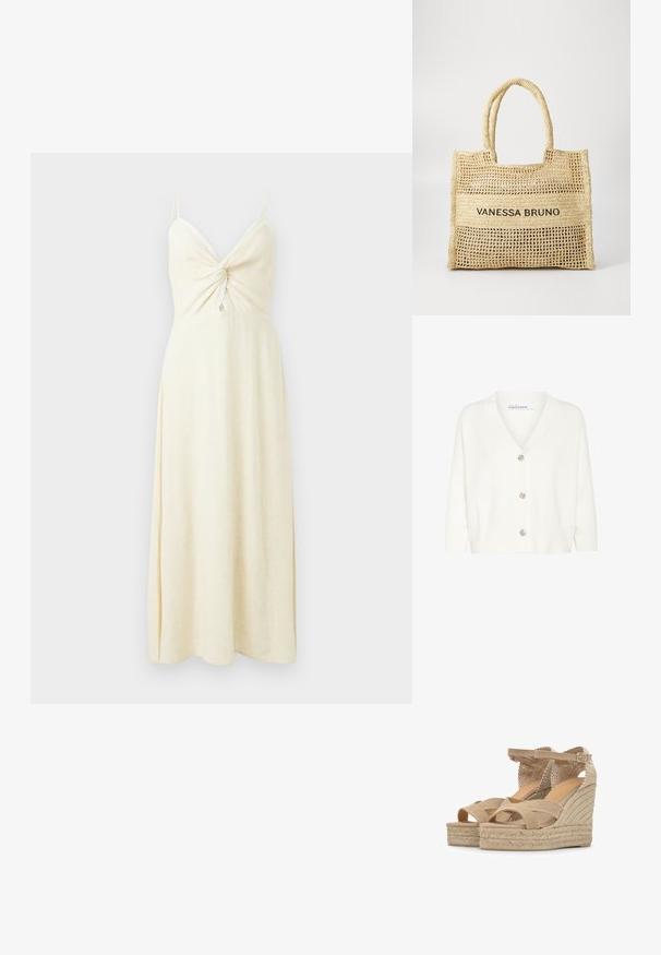 Witte cardigan van gebreid materiaal, met een V-hals, lange mouwen en vijf decoratieve knopen aan de voorkant.; Crèmekleurige mouwloze maxi-jurk met spaghettibandjes, gedetailleerd gedraaid voorpand en subtiele kanten rand op een effen achtergrond.; Beige sleehaksandalen met gevlochten plateauhakken, kruisbandjes over de tenen en verstelbare enkelbandjes met gespen.; Beige geweven draagtas met twee handvatten en "VANESSA BRUNO" in het zwart gedrukt op een solide geweven paneel in het midden.