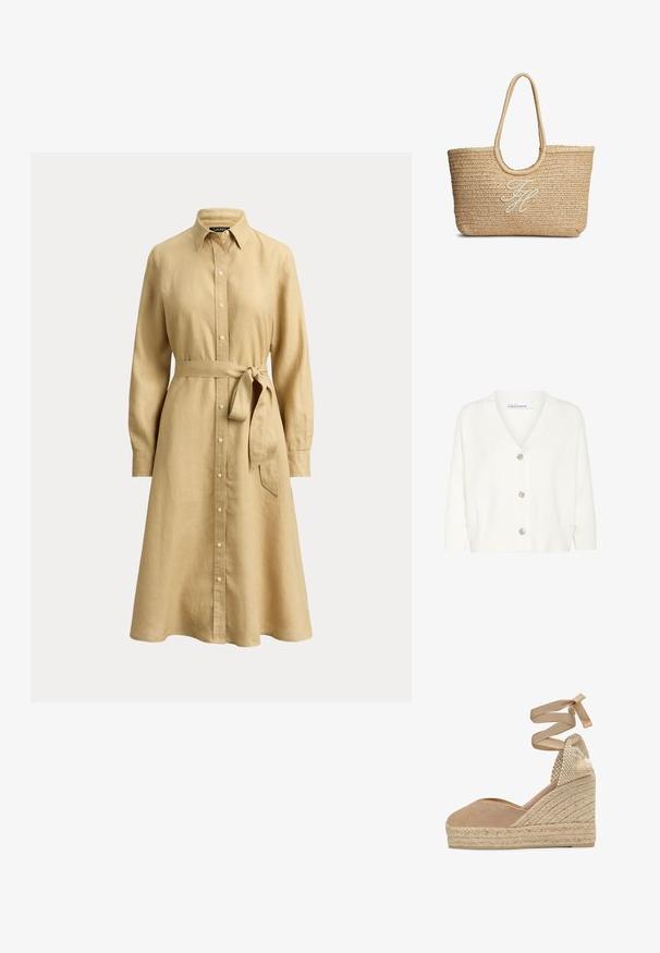 Cárdigan blanco de material de punto, con escote en V, manga larga y cinco botones decorativos en la parte delantera.; Vestido camisa beige de manga larga con botones, cuello y cinturón en la cintura, hecho de tela ligera, de largo hasta la rodilla y corte holgado.; Espardeña de cuña de lona beige con plataforma de yute trenzado y cintas para atar al tobillo, con contrafuerte tejido.; Bolso tote de paja beige tejido con asas redondeadas y iniciales en cursiva bordadas en blanco en el centro delantero.
