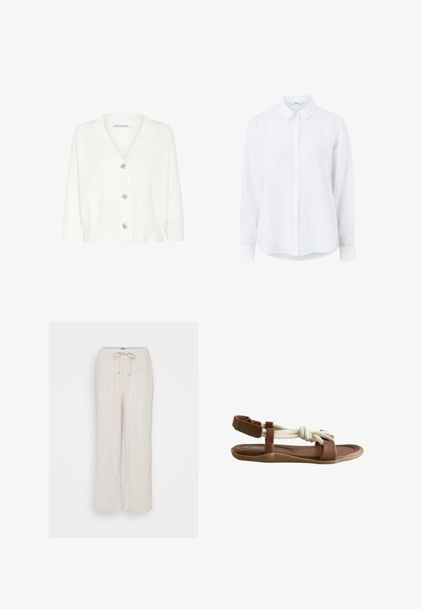 Witte cardigan van gebreid materiaal, met een V-hals, lange mouwen en vijf decoratieve knopen aan de voorkant.; Witte langetermijns overhemd van linnen met een knoopsluiting aan de voorkant, klassieke kraag en omgeslagen mouwen. Glad textuur en een lichtgewicht uitstraling.; Lichtbeige linnen broek met een ontspannen pasvorm, elastische tailleband en verstelbare trekkoord. Heeft een subtiele textuur en wijde pijpen.; Platbruine sandaal met gewatteerde zool, met een witte geknoopte touwriem en verstelbare achterriem met klittenbandsluiting.