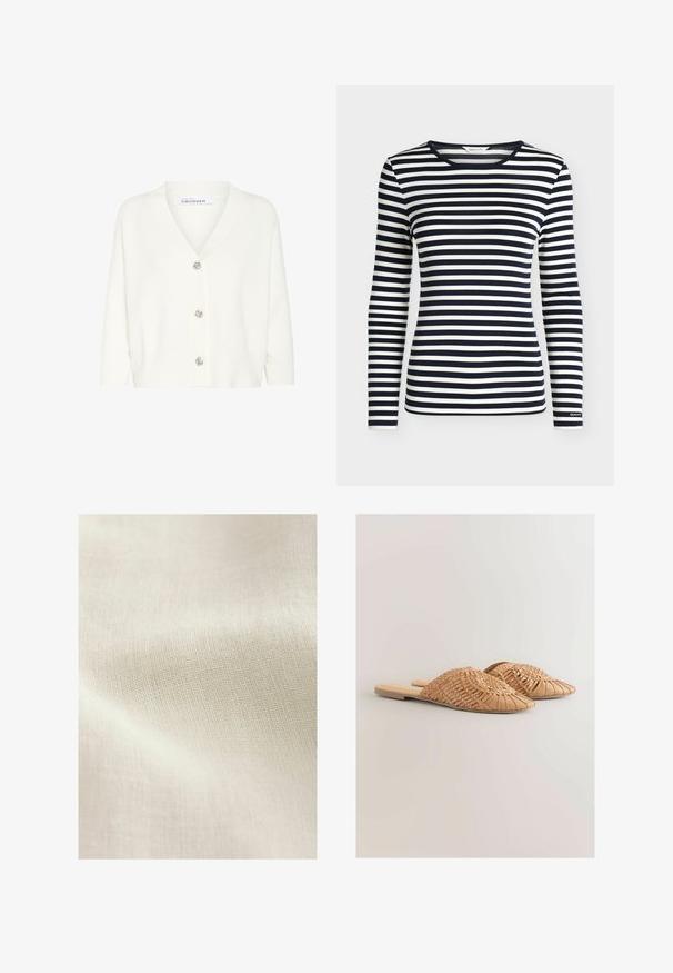 Witte cardigan van gebreid materiaal, met een V-hals, lange mouwen en vijf decoratieve knopen aan de voorkant.; Oversized shirt met lange mouwen met marineblauwe en witte horizontale strepen en een ronde hals, met het merk GANT op de mouwboord.; Lichtbeige gemêleerde stof met een geweven patroon, die subtiele variaties in kleur en oppervlakte details toont. Over het algemeen een zachte, gladde textuur.; Geweven leren slidesandalen in lichtbruin, met een oversized geweven bovenkant en een platte zool. De spitse neus zorgt voor een strakke uitstraling.