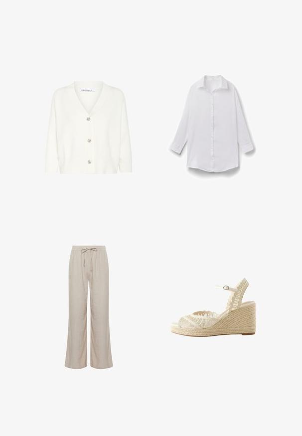 Witte cardigan van gebreid materiaal, met een V-hals, lange mouwen en vijf decoratieve knopen aan de voorkant.; Wit overhemd met lange mouwen, kraag, knoopmanchetten en een losse pasvorm, afgebeeld op een effen witte achtergrond.; Lichtbeige linnen broek met wijde pijpen, elastische tailleband en trekkoord, vooraanzicht op witte achtergrond.; Beige geweven sleehak sandaal met enkellapje en open teen, met gevlochten jutezool en een complex lusvormig bovenwerk.