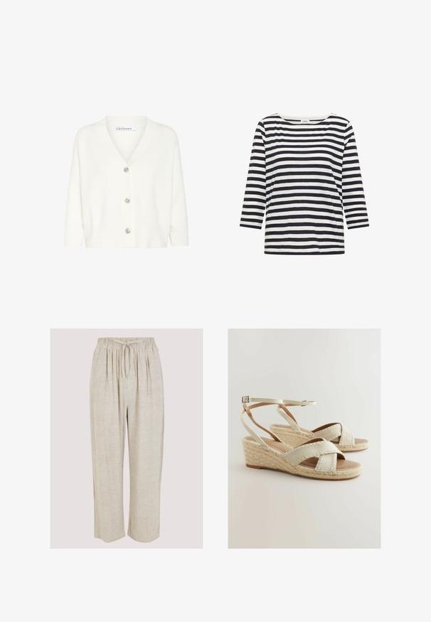 Cárdigan blanco de material de punto, con escote en V, manga larga y cinco botones decorativos en la parte delantera.; Camiseta de manga larga con rayas horizontales negras y blancas, con cuello redondo y una etiqueta en el cuello que dice "Cecil".; Pantalones de lino beige con un diseño de pierna ancha, cinturilla elástica y cordón. Textura suave con sutiles irregularidades en toda la tela.; Cuñas de esparto beige con correas cruzadas, acentos de yute trenzado y plantilla acolchada. Correa ajustable en el tobillo para un mejor ajuste.