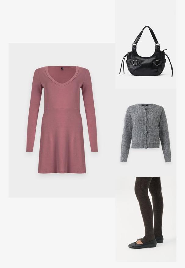 Grauer strukturierten Strickcardigan mit langen Ärmeln und vier großen dekorativen Knöpfen auf der Vorderseite.; Langärmliges Kleid in Mauve mit V-Ausschnitt und figurbetontem Oberteil sowie ausgestelltem Rock. Gefertigt aus weichem, dehnbarem Stoff.; Beine in dunklen, gerippten Leggings kombiniert mit schwarzen Ballerinas mit kleinen Schleifendetails auf weißem Hintergrund.; Schwarze Lederhandtasche mit runder Form, ausgestattet mit zwei seitlichen Schnallen, glatter Textur und einem kurzen Schulterriemen. Akzente sind seitliche Quasten.