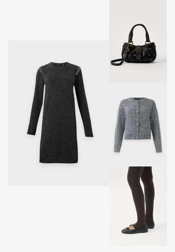Grijze gebreide cardigan met textuur, lange mouwen en vier grote decoratieve knopen aan de voorkant.; Donkergrijze gebreide jurk met lange mouwen, ronde hals en kleine parelversieringen op de schouders, recht gesneden tot op de knie.; Benen met donkere geribbelde leggings gecombineerd met zwarte ballerina's met kleine strikdetails op een witte achtergrond.; Zwarte leren handtas met gouden gesp en klinknagel details, korte handvatten en een verstelbare schouderriem op een effen witte achtergrond.
