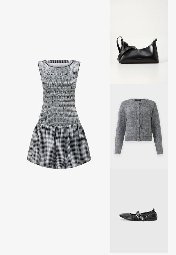 Cárdigan de punto texturizado gris con mangas largas y cuatro grandes botones decorativos en el frente.; Vestido a cuadros en blanco y negro con un cuerpo ajustado, textura fruncida y una falda acampanada. Cuello redondo sencillo y diseño sin mangas.; Zapato plano de piel negra con puntera afilada, detalle fruncido alrededor de la abertura y un acento de hebilla plateada en la correa ajustable.; Bolso de mano de cuero negro con una textura suave. Cuenta con una correa ajustable y un diseño elegante y minimalista con cierre de cremallera.
