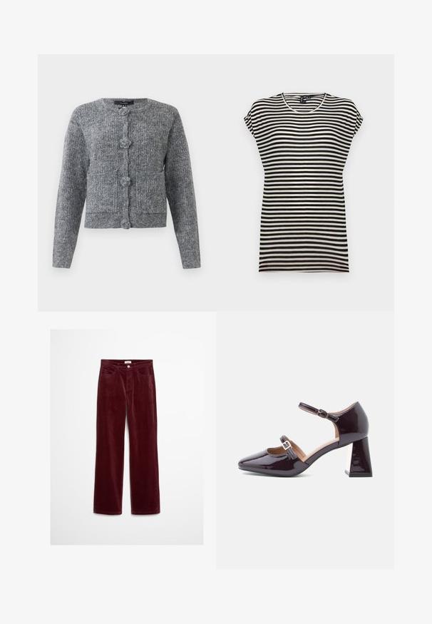 Cardigan tricoté texturé gris avec des manches longues et quatre grands boutons décoratifs sur le devant.; T-shirt à manches courtes noir et blanc à rayures, avec un col rond, une coupe décontractée et une texture de tissu en coton doux.; Pantalon en velours côtelé bordeaux à jambes droites avec taille haute, cinq poches et fermeture à bouton métallique à l'avant. Tissu texturé avec des côtes verticales.; Chaussure Mary Jane en cuir verni violet foncé avec deux brides réglables à boucles et un talon mi-haut épais, montrée en profil latéral.