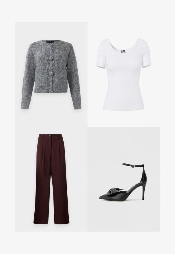 Cardigan tricoté texturé gris avec des manches longues et quatre grands boutons décoratifs sur le devant.; Haut blanc ajusté à manches courtes côtelées avec encolure dégagée et étiquette de marque visible à l'intérieur du col.; Pantalons évasés en bordeaux foncé, avec une taille haute, deux plis à l'avant et une fermeture à deux boutons. Fabriqués en tissu texturé.; Chaussure à talon noir avec bout pointu, accent de nœud en satin et bride de cheville réglable avec ferrures argentées. Texture en cuir lisse.