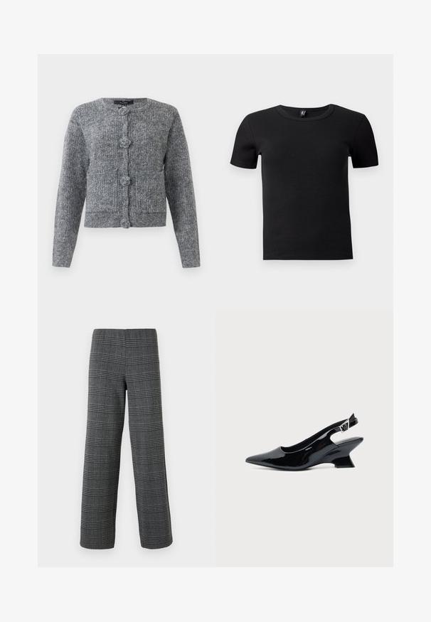 Grauer strukturierten Strickcardigan mit langen Ärmeln und vier großen dekorativen Knöpfen auf der Vorderseite.; Schwarzes T-Shirt mit kurzen Ärmeln aus geripptem Stoff. Verfügt über einen klassischen Rundhalsausschnitt und eine taillierte Silhouette. Keine zusätzlichen Akzente.; Vero Moda VMBERLIN WIDE PANT - Stoffhose - dark grey/black; Schwarzer Slingback-Schuh aus Lackleder mit spitzer Spitze und niedrigem, schrägem Blockabsatz auf einfachem hellem Hintergrund.