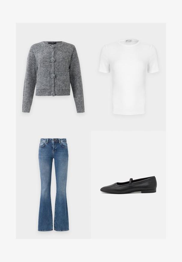 Cárdigan de punto texturizado gris con mangas largas y cuatro grandes botones decorativos en el frente.; Camiseta blanca de manga corta con cuello redondo acanalado, corte ajustado y una pequeña etiqueta de la marca en el interior del cuello.; Jeans acampanados en denim de color azul claro, con cinco bolsillos, cremallera y un lavado desgastado con ligera distorsión cerca del dobladillo.; Bailarinas negras de piel lisa, con punta redondeada, una pequeña tira en la parte superior y un diseño minimalista.