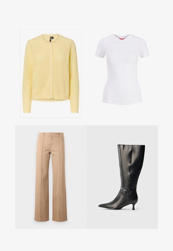 Cardigan tricoté jaune pâle à manches longues, avec encolure ronde festonnée, ourlet festonné, et fermeture à boutons sur le devant.; T-shirt blanc ajusté à manches courtes avec col en V, présenté sur un fond uni, vue de face.; Pantalon beige à jambe droite avec coutures centrales à l'avant, passants pour ceinture et fermeture éclair sur un fond clair uni.; Botte en cuir noire montant jusqu'au genou, avec un bout pointu et un petit talon bas, présentée sur un fond clair uni.