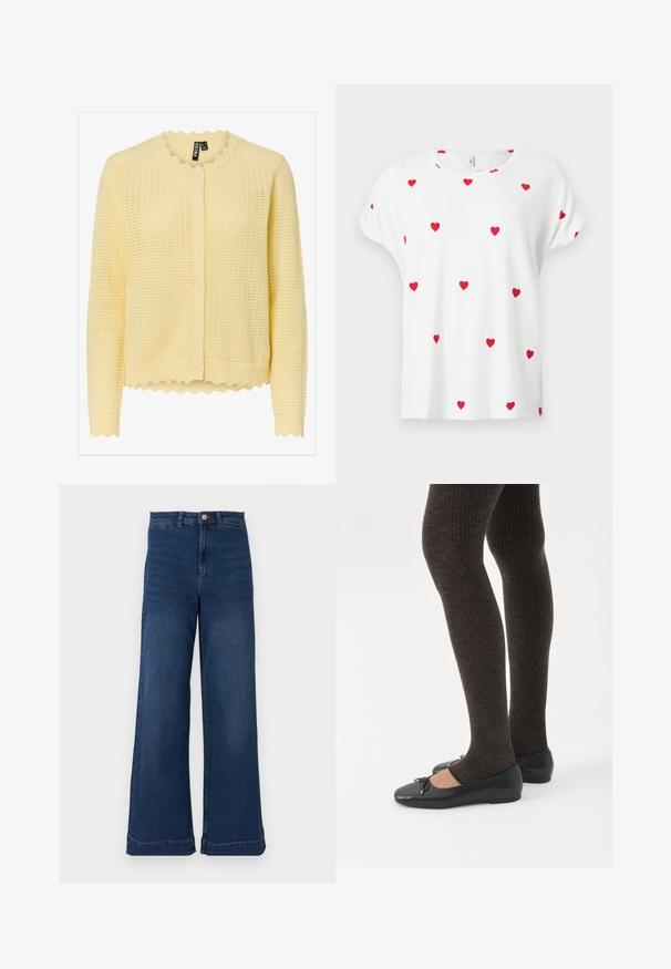 Cardigan tricoté jaune pâle à manches longues, avec encolure ronde festonnée, ourlet festonné, et fermeture à boutons sur le devant.; Chemise blanche à manches courtes avec col rond, décorée de petits motifs de cœurs rouges uniformément espacés sur le devant et les manches.; Jean en denim bleu à jambes larges avec une taille haute, présentant une fermeture à bouton à l'avant, cinq poches et des détails de coutures subtils.; Jambes portant des leggings côtelés foncés associés à des ballerines noires avec de petits détails en nœud sur fond blanc.