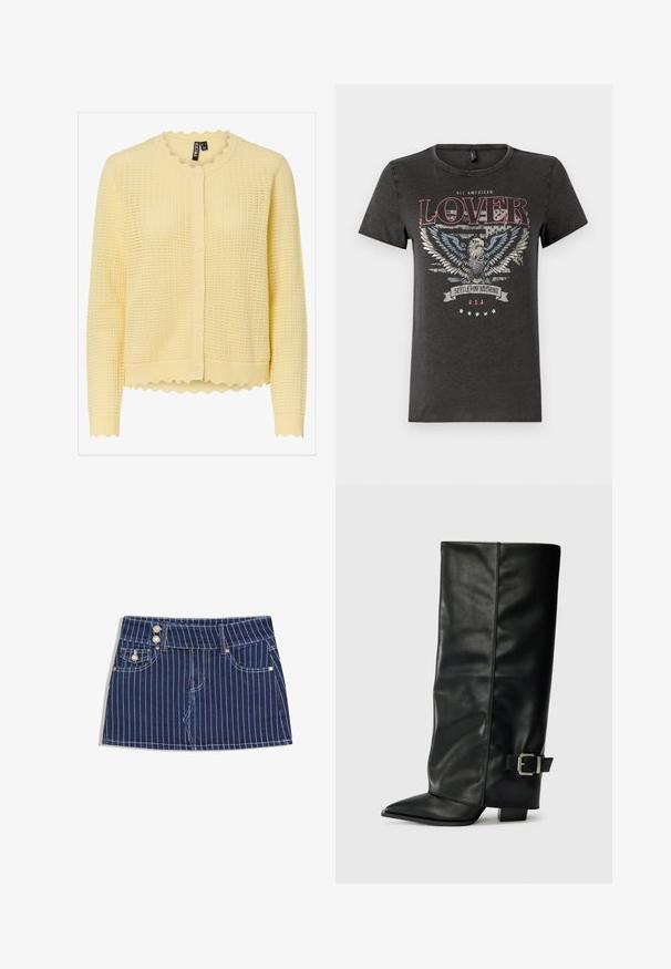 Cardigan tricoté jaune pâle à manches longues, avec encolure ronde festonnée, ourlet festonné, et fermeture à boutons sur le devant.; T-shirt en coton gris avec un graphique d'aigle aux ailes bleues, un texte rouge indiquant "AMOUREUX 100 % AMÉRICAIN" et une bannière portant l'inscription "ACCEPTEZ RIEN DE MOINS".; Mini-jupe en jean bleu foncé avec des rayures blanches verticales, poches avant, passants de ceinture et trois boutons argentés sur la ceinture gauche.; Bottes noires en cuir longueur cheville avec un bout pointu, texture lisse et une accent en boucle argentée sur le côté. Talon carré épais.