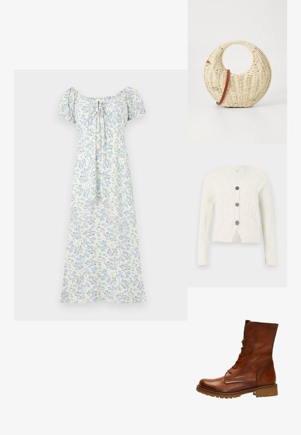 Hvid strikket cardigan med V-hals, med et kabelmønster, tre mørke knapper og ribbede manchetter og kant. Forkortet længde.; Hvid midi-kjole med lyseblåt blomsterprint, korte pufærmer, rynket halsudskæring og bindedetalje foran.; Brun læder ankelstøvle med glat overflade, rund tå, snørret foran og tekstureret kant. Har en robust sål for traction.; Rund flettet taske i naturligt strå med en tekstureret overflade. Har en glat brun læderrem og et cirkulært håndtag.