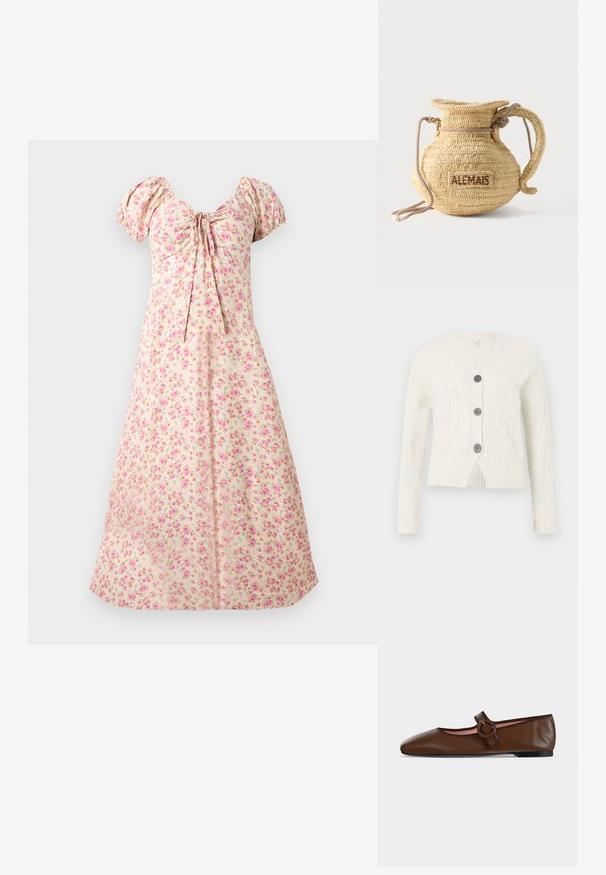 Hvid strikket cardigan med V-hals, med et kabelmønster, tre mørke knapper og ribbede manchetter og kant. Forkortet længde.; Creme midi-kjole med puffede ærmer, pink blomsterprint, rynket balkonette og bindedetalje foran i midten.; Brun flad Mary Jane-sko i læder med rund spænde og sort sål på en lysegrå baggrund.; Rund flettet stråtaske med håndtag af reb og "ALEMAIS" broderet på siden med brunt garn.