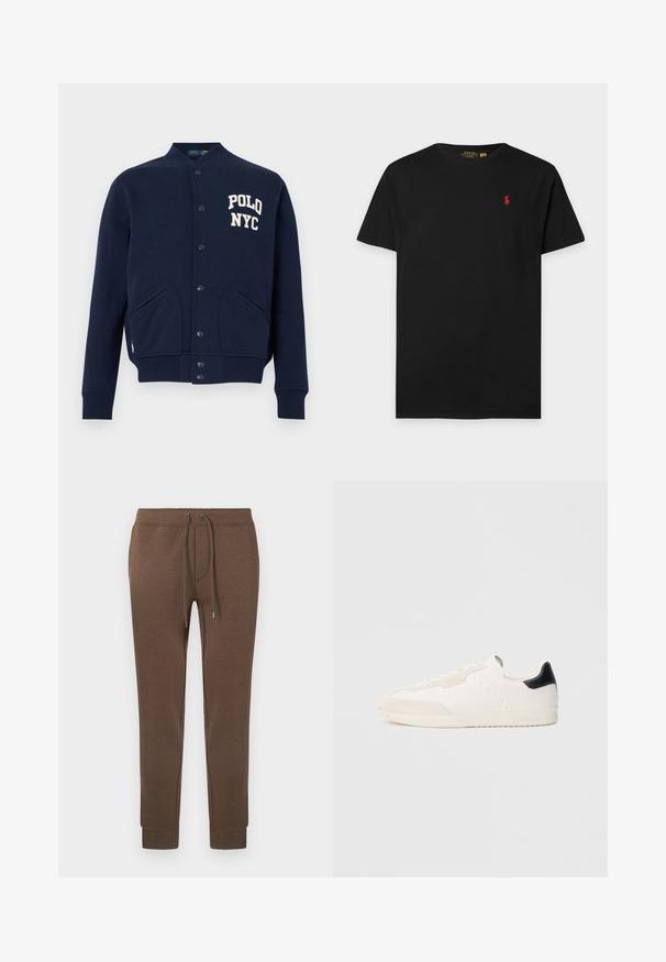 Veste varsity boutonnée bleu marine avec poignets et ourlet côtelés, poches avant, et texte blanc "POLO NYC" sur la poitrine.; T-shirt noir à manches courtes et col rond avec petit logo rouge brodé sur la poitrine gauche sur fond blanc uni.; Pantalon de survêtement marron en matière douce et extensible, avec une taille élastique, un cordon de serrage et des poignets côtelés. Petit logo en haut à gauche.; Baskets en cuir blanc avec accents en daim, dotées d'un talon noir, d'un design à lacets, de détails perforés et d'un marquage subtil sur le côté.