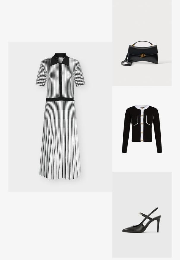 Cárdigan negro con mangas largas, tapeta blanca y bolsillos ribeteados. Presenta botones dorados y un cuello blanco acanalado.; Vestido de rayas verticales en blanco y negro, de manga corta, con cuello negro, cierre de botones en el frente y detalle de falda plisada.; Tacones altos slingback de cuero negro con punta afilada, diseño con recortes y correa ajustable con herrajes metálicos.; Bolso de mano de cuero negro con solapa curva, cierre con logo "KZ" dorado, asa superior y correa de hombro desmontable sobre un fondo liso.