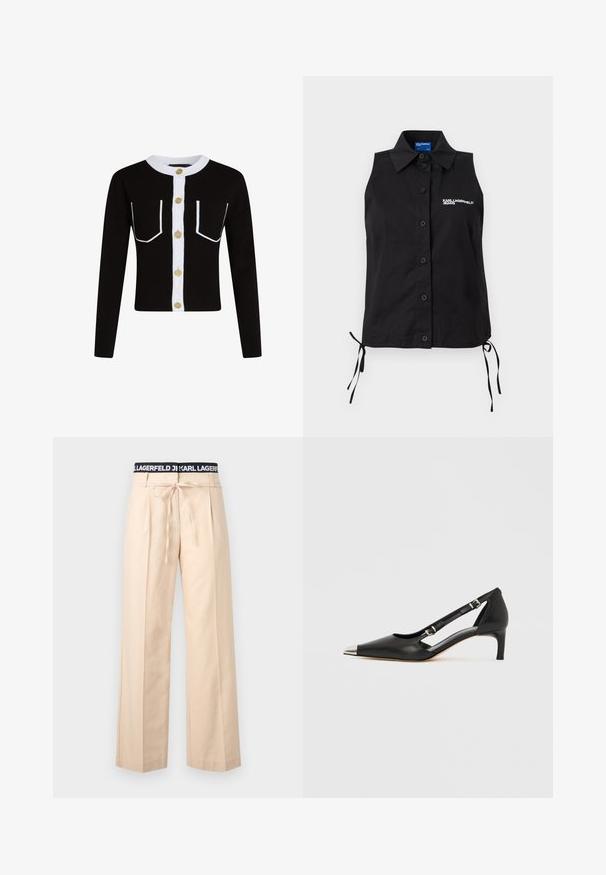 Cárdigan negro con mangas largas, tapeta blanca y bolsillos ribeteados. Presenta botones dorados y un cuello blanco acanalado.; Camisa negra sin mangas con botones, cuello, lazos laterales y logo blanco "KARL LAGERFELD JEANS" en el lado izquierdo del pecho.; Pantalones de pierna ancha color beige con pliegues, cinturilla elástica negra con texto blanco "KARL LAGERFELD" y cordón ajustable en la cintura.; Zapato de tacón bajo tipo kitten heel de cuero negro con puntera plateada puntiaguda y correas dobles con hebilla sobre un fondo blanco.