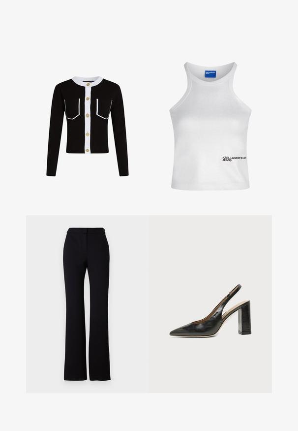 Zwarte cardigan met lange mouwen, witte knoopsluiting en omlijnde zakken. Heeft gouden knopen en een geribde witte kraag.; Witte mouwloze crop top met hoge nek en het "Karl Lagerfeld Jeans" logo op de onderzijde rechts voor.; Zwarte broek met een rechte snit, een gladde textuur en een tailleband met een enkele knoopsluiting. Geen zichtbare patronen of accenten.; Zwarte leren slingback schoen met spits toelopend neusje, hoge blokhak en beige binnenvoering tegen een effen lichte achtergrond.