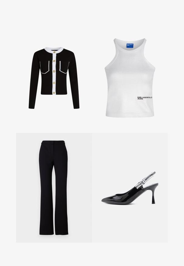 Cárdigan negro con mangas largas, tapeta blanca y bolsillos ribeteados. Presenta botones dorados y un cuello blanco acanalado.; Top corto sin mangas blanco con cuello alto y logo "Karl Lagerfeld Jeans" en la parte inferior derecha del frente.; Pantalones negros con corte recto, textura suave y una cinturilla con un solo botón de cierre. Sin patrones ni acentos visibles.; Zapato de tacón slingback de charol negro con punta afilada, tacón moderado y una correa que presenta una atrevida marca blanca a lo largo del borde.