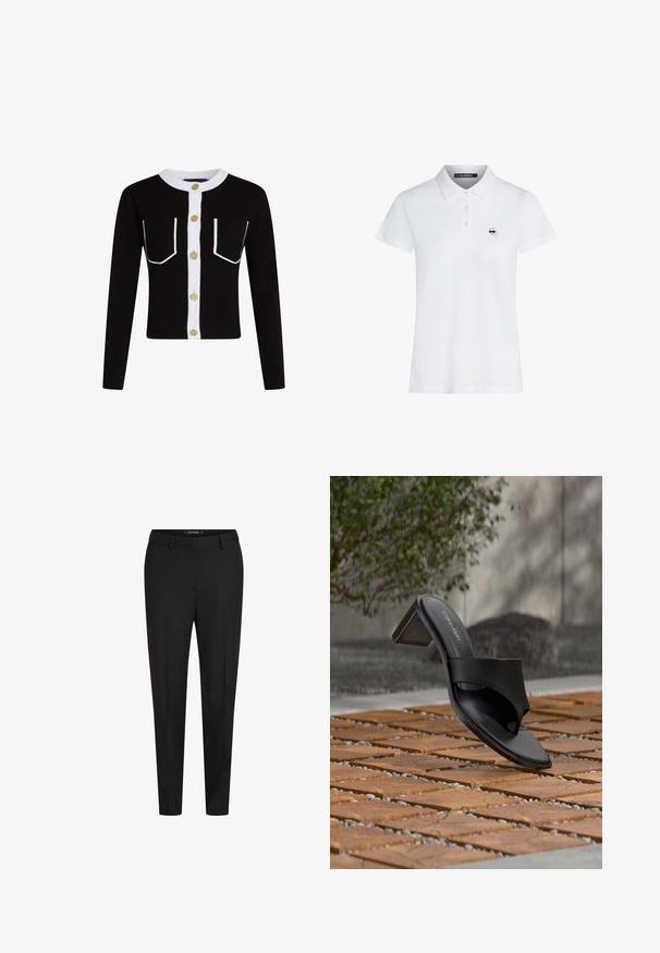 Schwarze Strickjacke mit langen Ärmeln, weißer Knopfleiste und umrandeten Taschen. Sie hat goldene Knöpfe und einen gerippten weißen Kragen.; Weißes Polohemd mit kurzen Ärmeln, Kragen und drei Knöpfen, mit einem kleinen Logo eines Gesichts mit Sonnenbrille auf der linken Brust.; Schwarze maßgeschneiderte Hosen mit einem eleganten Design, flachem Schritt und glattem Stoff. Verfügt über einen Standardbund und einen geraden Beinschnitt. Keine sichtbaren Taschen.; Schwarze Calvin Klein Sandale mit Absatz und Zehenschlaufe auf einem Holzkachelfußboden im Freien neben einem Baum und einer Steinmauer.