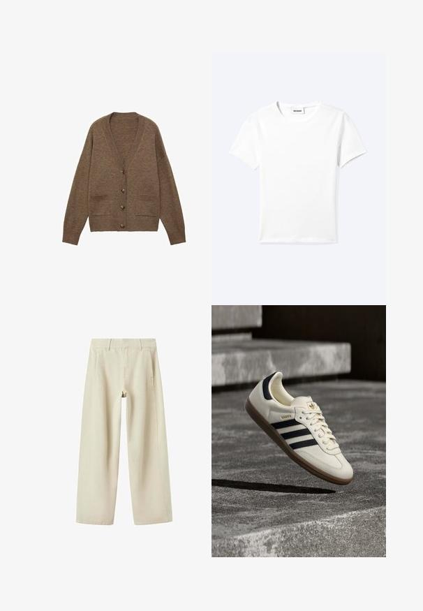 Cardigan en laine marron avec un col en V, cinq boutons et deux poches avant. Manches et ourlet côtelés, coupe décontractée, texture douce.; T-shirt blanc uni à manches courtes et col rond avec une petite étiquette "WEEKDAY" à l'intérieur de l'encolure, présenté à plat sur un fond clair.; Pantalon beige à jambes larges avec poches latérales, passants de ceinture et coutures visibles, présenté à plat sur fond blanc.; Baskets blanches Adidas Samba avec des bandes noires et une semelle en gomme, flottant au-dessus de marches en béton gris texturé.