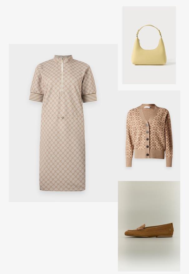 Cárdigan beige con un patrón circular marrón, diseño de escote en V y seis botones oscuros. Presenta puños y dobladillo acanalados. Tejido suave y texturizado.; Vestido beige hasta la rodilla con patrón circular marrón, cremallera frontal hasta la mitad, mangas cortas con puños a rayas marrones y beige, y cintura ajustable con cordón.; Mocasín de ante marrón para mujer con detalle de correa cosida y un pequeño logo metálico en el talón, mostrado sobre un fondo neutro.; Bolso de cuero amarillo con una silueta curva, correa corta ajustable y compartimento con cremallera. Presenta un logo sutil en el frente.