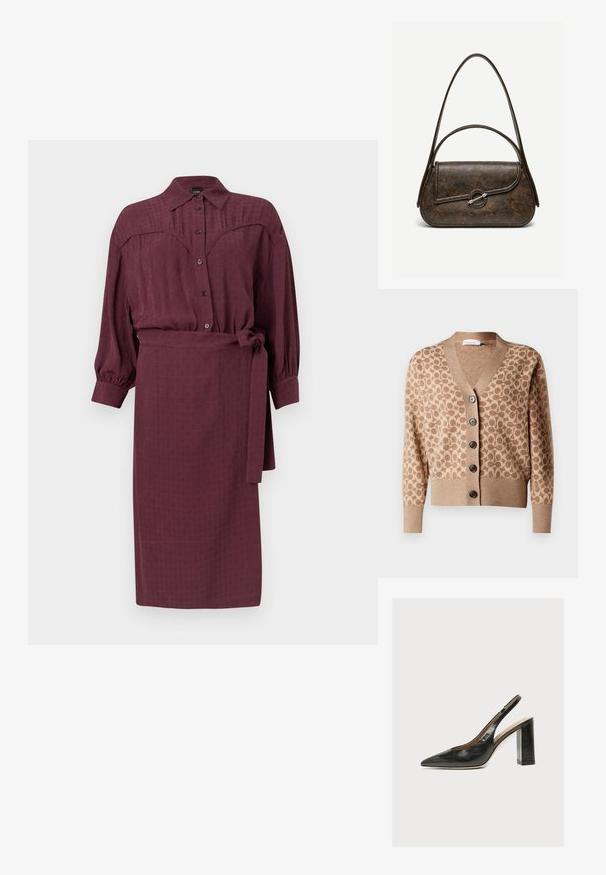 Beige Cardigan mit einem braunen kreisförmigen Muster, V-Ausschnitt-Design und sechs dunklen Knöpfen. Verfügt über gerippte Bündchen und Saum. Weicher, strukturiert Stoff.; Bordeauxrotes Midikleid mit langen Ärmeln, durchgehender Knopfleiste, spitzem Kragen, Manschettenärmeln, Taillengürtel und dezentem Strukturmuster.; Schwarzer Leder-Damenslingback-Schuh mit spitzer Zehenpartie und dickem hohem Blockabsatz vor weißem Hintergrund.; Dunkelbraune Handtasche aus strukturiertem Leder mit zwei Tragegurten, abgerundeter rechteckiger Form und silbernem, rundem Verschluss auf der vorderen Klappe.