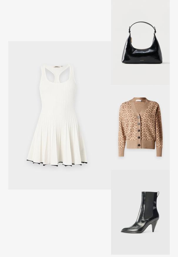 Cárdigan beige con un patrón circular marrón, diseño de escote en V y seis botones oscuros. Presenta puños y dobladillo acanalados. Tejido suave y texturizado.; Vestido blanco sin mangas con tejido acanalado, espalda estilo racerback y falda plisada, con un sutil ribete negro a lo largo del dobladillo.; Botín de cuero negro brillante, con punta afilada, panel lateral elástico, asa en la parte trasera y tacón cónico de altura media.; Bolso negro brillante de Calvin Klein con cremallera dorada y correa corta sobre un fondo blanco liso.