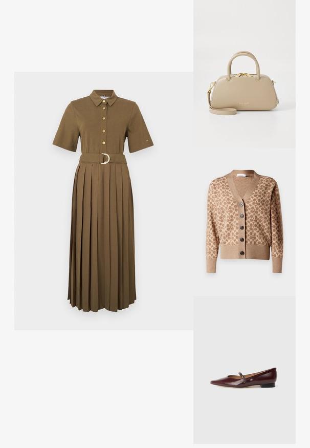 Beige Cardigan mit einem braunen kreisförmigen Muster, V-Ausschnitt-Design und sechs dunklen Knöpfen. Verfügt über gerippte Bündchen und Saum. Weicher, strukturiert Stoff.; Braunes, kurzärmeliges Hemdblusenkleid mit Kragen, Knopfleiste, tailliert mit einem Gürtel mit rundem Metallschnallenverschluss und plissiertem Rock.; Burgunderfarbene Lackleder-Ballerina mit spitzer Zehe und einem dekorativen Riemen über dem Spann. Mit einem niedrigen schwarzen Absatz.; Beige Lederhandtasche mit geschwungener Form, zwei kurzen Griffen und einem abnehmbaren Schultergurt. Goldene Hardware-Akzente und Logodetail.