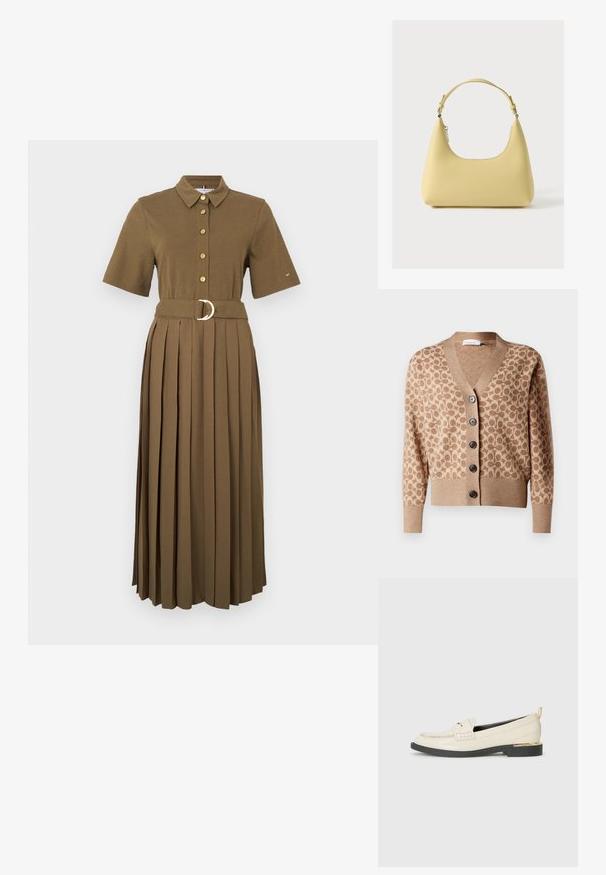 Beige cardigan met een bruin cirkelpatroon, v-hals ontwerp en zes donkere knopen. Heeft ribgebreide manchetten en zoom. Zacht, textuur stof.; Bruin, kort mouwen shirtjurk met een kraag, knoopsluiting, getailleerde taille met een riem voorzien van een ronde metalen gesp, en een geplooide rok.; Crème leren mocassin met een decoratieve band, gestikte details en een lage zwarte plateauzool met een gouden hak.; Gele leren handtas met een gebogen silhouet, korte verstelbare band en een vak met ritssluiting. Heeft een subtiel logo aan de voorkant.