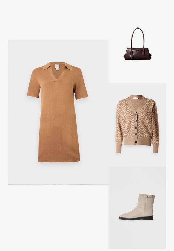 Beige cardigan med et brunt cirkulært mønster, v-hals design og seks mørke knapper. Har ribbede manchetter og kant. Blødt, struktureret stof.; Kortærmet kamelfarvet strikket kjole med krave og V-hals, lige snit, vist mod en hvid baggrund.; Beige læder ankelstøvle med spids tå, sort sål, lav hæl og guld spænde rem på ydersiden, vist på hvid baggrund.; Mørkebrun lædertaske fra Calvin Klein med lange dobbelte håndtag og en lille logohængende ved det ene håndtag.