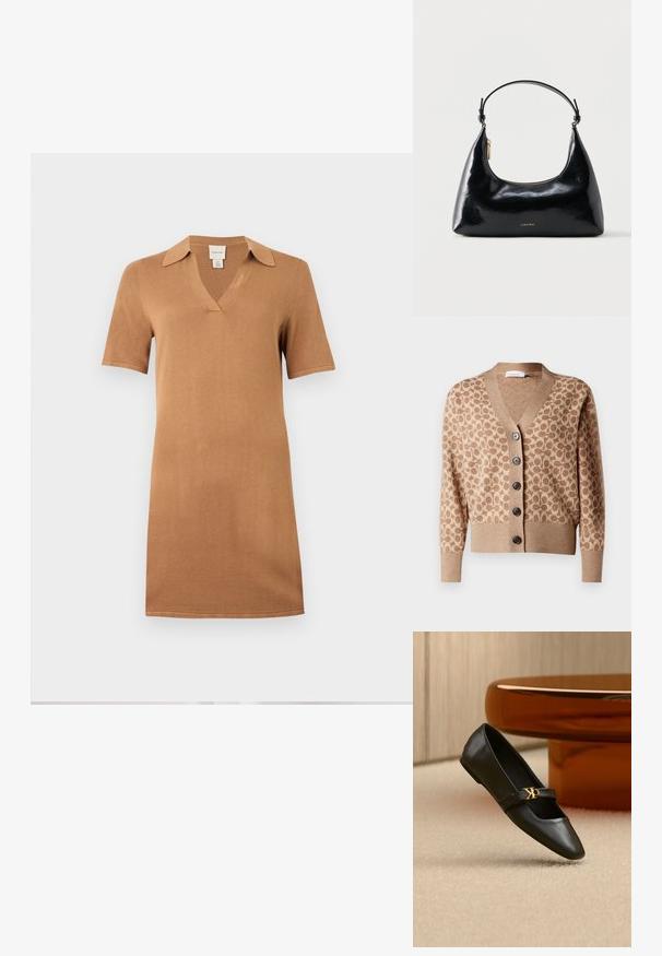 Beige cardigan met een bruin cirkelpatroon, v-hals ontwerp en zes donkere knopen. Heeft ribgebreide manchetten en zoom. Zacht, textuur stof.; Camelkleurige gebreide jurk met korte mouwen, kraag en V-hals, rechte snit, weergegeven tegen een witte achtergrond.; Zwarte leren platte schoen met puntige neus en gouden CK-logo op het bandje, geplaatst op een beige tapijt bij een ronde amberbruine tafel.; Zwarte glanzende Calvin Klein handtas met gouden rits en korte band tegen een effen witte achtergrond.